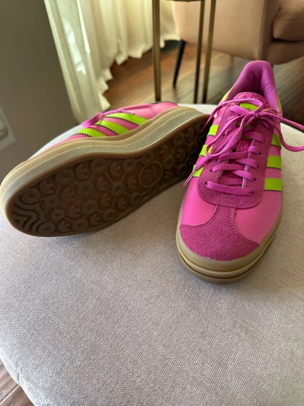 adidas Women’s Pink Sneakers with Neon Green Stripes - Picture 2 of 6